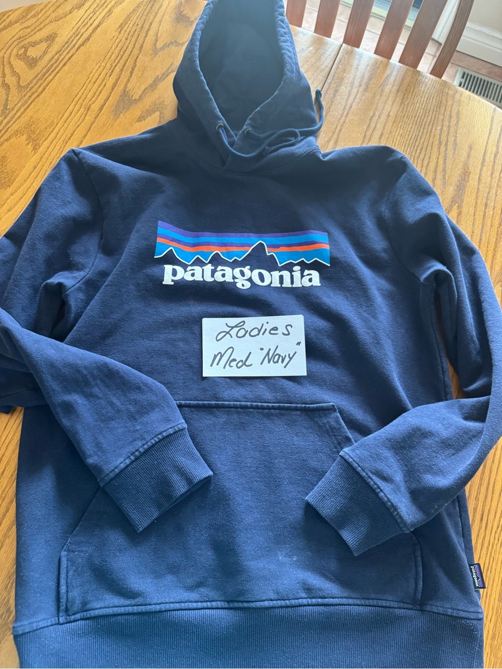Patagonia Navy Pullover Hoodie with Mountain Logo